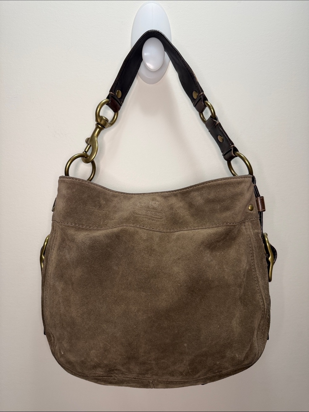 Y2K Coach Zoe Brown Suede Shoulder Bag w Leather Strap and Brass Details